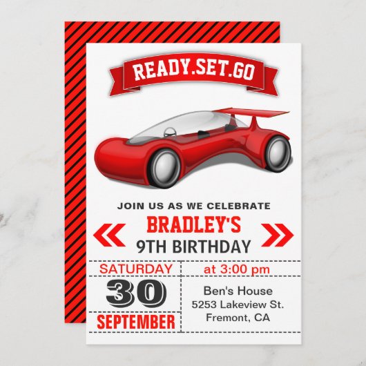 未来的モダンな赤スポーツカーバースデーパーティー 招待状 (正面/裏面)