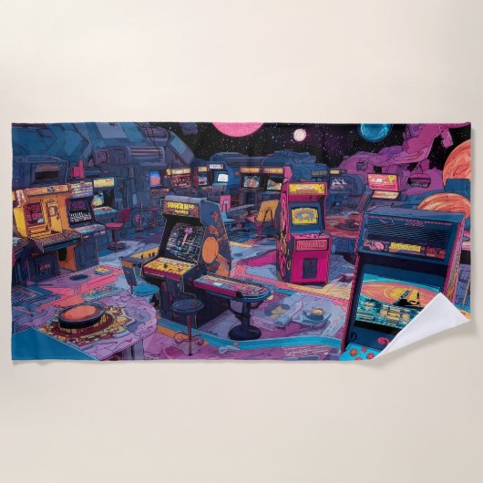 未来的レトロアーケードが宇宙に ビーチタオル (正面)