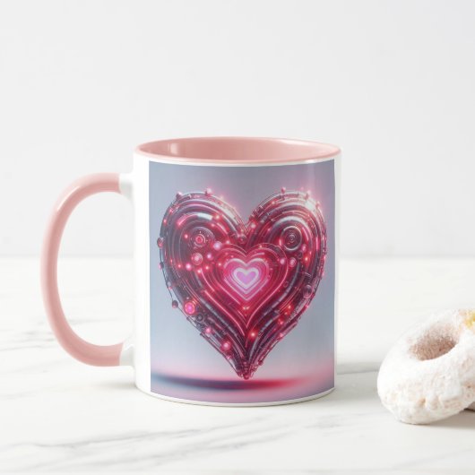 未来的白熱［赤熱］光を放つなピンクハート マグカップ (ドーナツ)