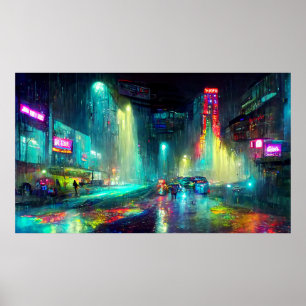 未来都市の風景建物、人々 ポスター