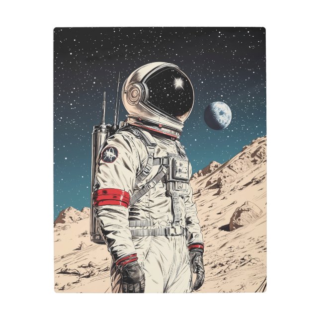 未知のレトロを探検するSci-Fi宇宙飛行士 メタルプリント (正面)