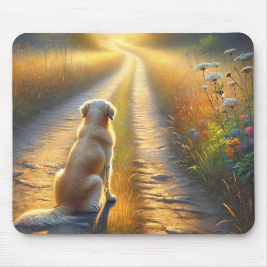 未舗装の道路で待機しているゴールデンレトリバー マウスパッド (正面)