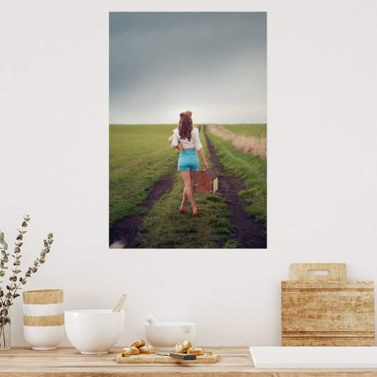 未舗装の道路写真に登場する「女性と天気」モデル ポスター (キッチン)