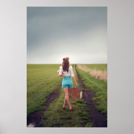 未舗装の道路写真に登場する「女性と天気」モデル ポスター