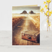 未舗装道路の古いスーツケース カード (黄色い花)