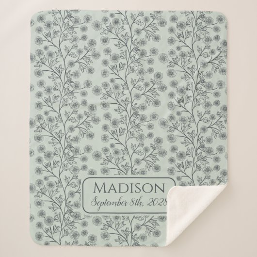 末尾のフローラ名誕生日付緑のベビー シェルパブランケット (正面)