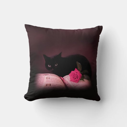 本およびばら色の枕を持つ黒猫 クッション (正面)