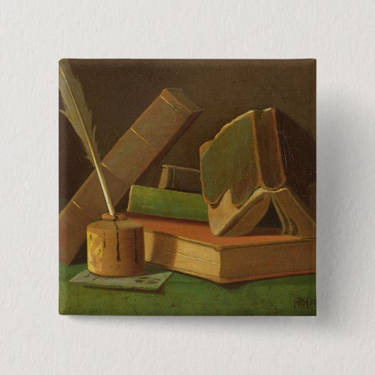 本およびインク井戸が付いている静物画 缶バッジ (正面)