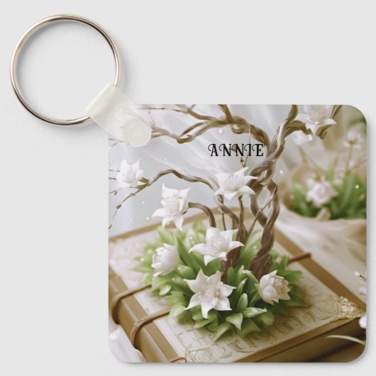 本から育つ花のカスタム木 キーホルダー (正面)