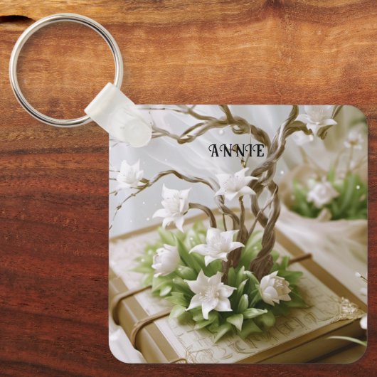 本から育つ花のカスタム木 キーホルダー (正面)