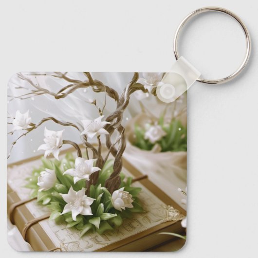 本から育つ花のカスタム木 キーホルダー (裏面)