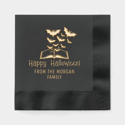 本から飛び出すコウモリ ハッピーハロウィンの挨拶 名前入り 箔ナプキン (正面)