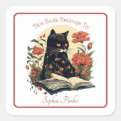 本かわいらしフローラ付き黒猫蔵書票 スクエアシール (正面)