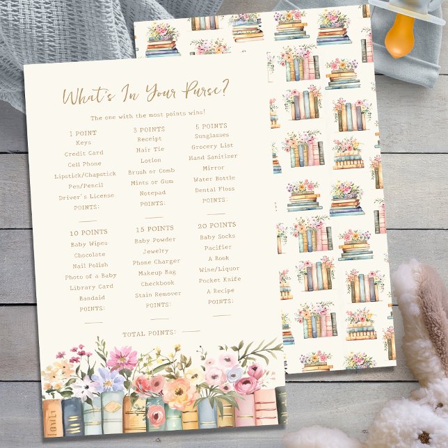 本が入ったハンドバッグゲーム (Wildflower Books What's In Your Purse Baby Shower Game by Painted Paperie
)