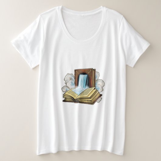 本が開き、滝が流れ出す  プラスサイズTシャツ (デザイン正面)