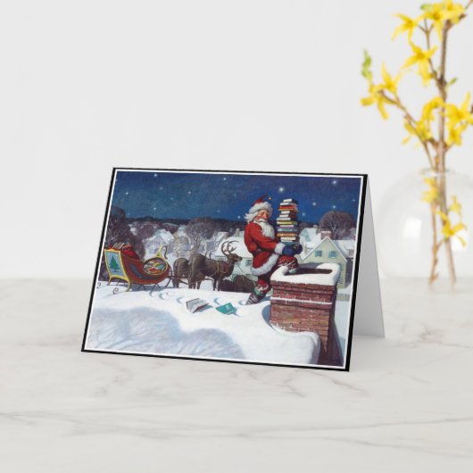 本でいっぱいのサンタのそり カード (黄色い花)