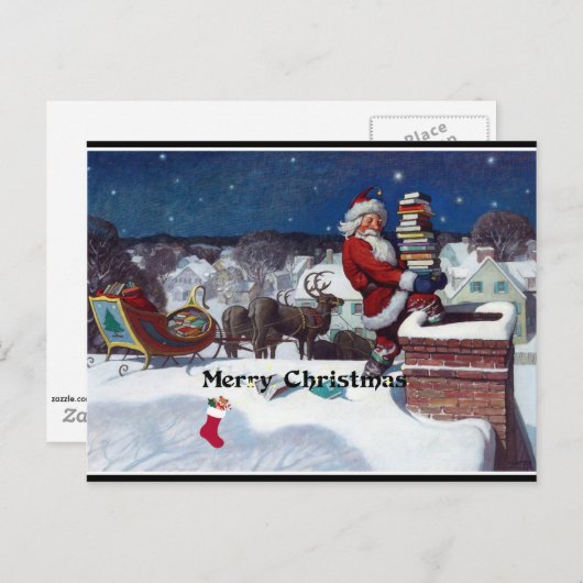 本でいっぱいのサンタ，メリークリスマス ポストカード (正面/裏面)