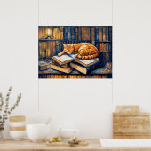 本で寝る水彩オレンジ猫 ポスター (キッチン)