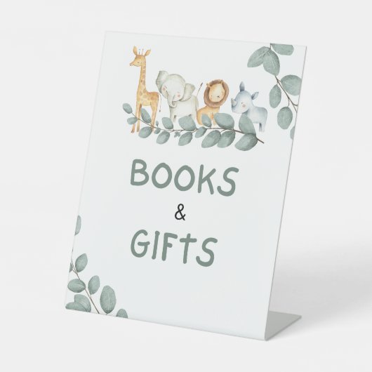 本とギフトのサイン男の子動物園の動物の赤ちゃんシャワー 台座サイン (正面)