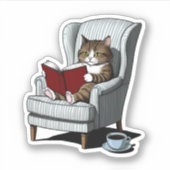 本とコーヒーで心地よい猫 シール (正面)