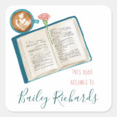 本とコーヒーの積み重ね蔵書票 スクエアシール (正面)