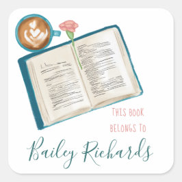 本とコーヒーの積み重ね蔵書票 スクエアシール