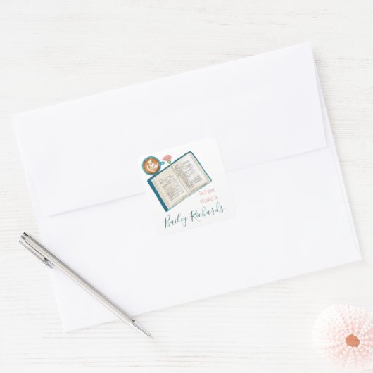 本とコーヒーの積み重ね蔵書票 スクエアシール (封筒)