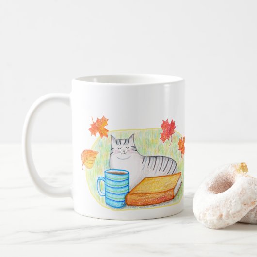 本とコーヒーを愛するグレー猫 猫好きさんへ コーヒーマグカップ (ドーナツ)