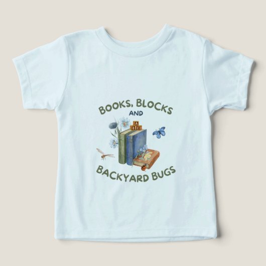 本とブロックと裏庭の虫のトドラーTシャツ (デザイン正面)