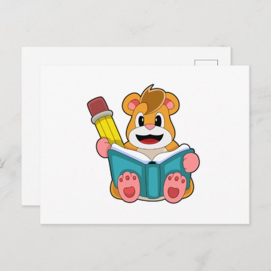本とペンを持ったハムスター ポストカード (正面/裏面)