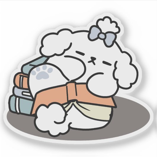 本とワンちゃん - かわいい眠そうな犬の読書デザイン シール (正面)
