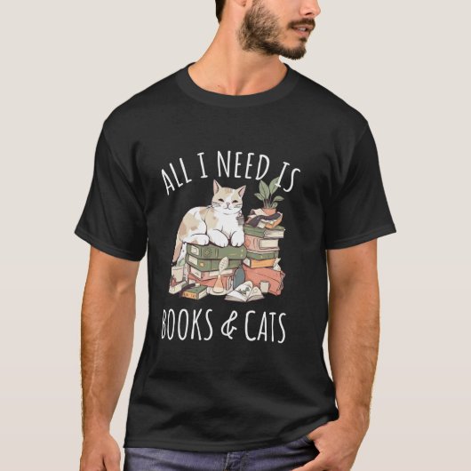 本と猫があればいい 猫好きな女性 読書家 Tシャツ (正面)