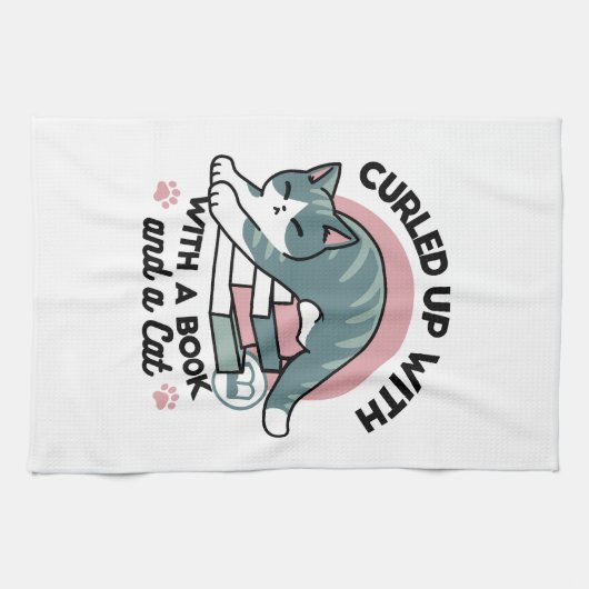 本と猫で丸まる – 居心地の良い猫読の キッチンタオル (横)