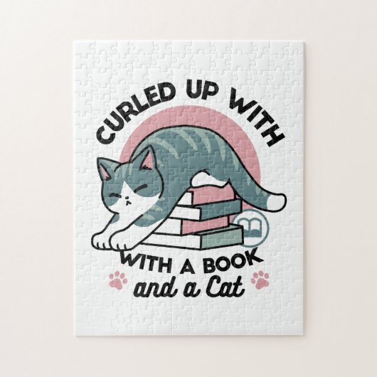 本と猫で丸まる – 居心地の良い猫読の ジグソーパズル (縦)