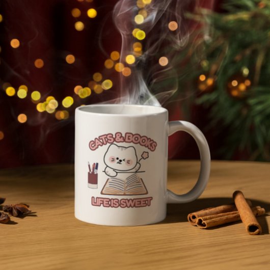 本と猫の贈り物 – 居心地の良い生活引用文デザイン ツートーンマグカップ