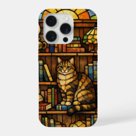 本と猫好きのステンドグラス風デザイン iPhone 15 PROケース