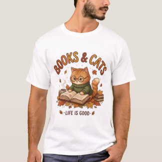 本と猫、幸せな暮らしTシャツ - 読書好きな猫好きさんへ Tシャツ