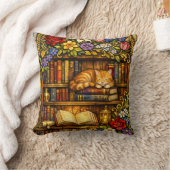 本と眠る猫好きの模造ステンドグラス クッション (ブランケット)