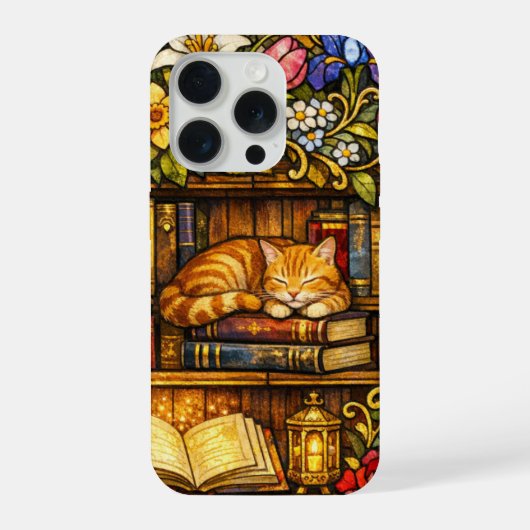 本と眠る猫好きの模造ステンドグラス iPhoneケース (裏面)