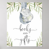 本と贈り物の緑の象の赤ちゃんシャワーのサイン ポスター (正面)