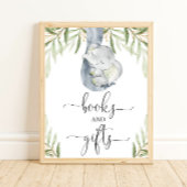 本と贈り物の緑の象の赤ちゃんシャワーのサイン ポスター