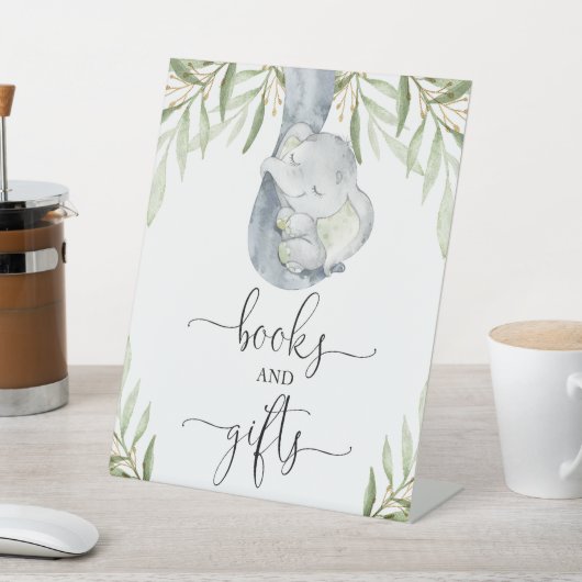 本と贈り物の緑の象の赤ちゃんシャワーのサイン 台座サイン (インサイチュ)
