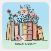 本と野生の花は夢のライブラリをパーソナライズ スクエアシール (正面)