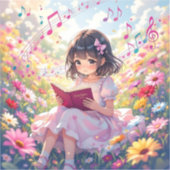 本と音符を持つアニメ少女 シール (正面)