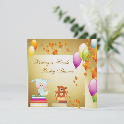 本にエレガントな男の赤ちゃんの金ゴールドのベビーシャワーを持って来て下さい 招待状 (スタンド正面)