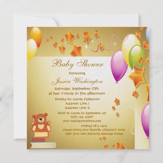 本にエレガントな男の赤ちゃんの金ゴールドのベビーシャワーを持って来て下さい 招待状 (裏面)