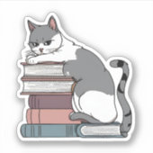 本に座るいたずら猫の防水 シール (正面)