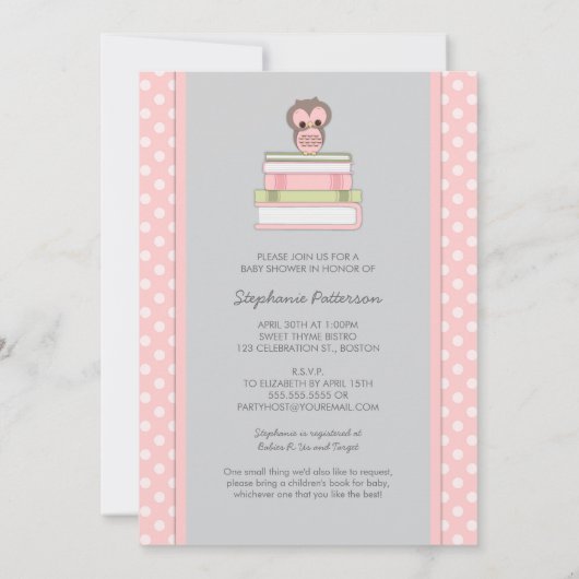 本に甘い女の子のフクロウのベビーシャワーの招待状を持って来て下さい 招待状 (裏面)