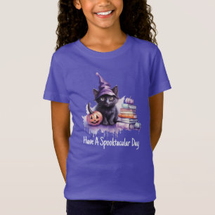 本のあるハロウィーン猫 Tシャツ