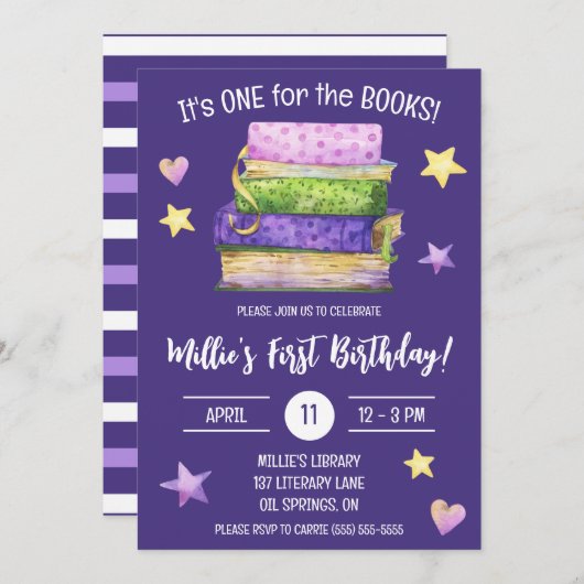 本のために！子供の最初の誕生日パーティー 招待状 (正面/裏面)